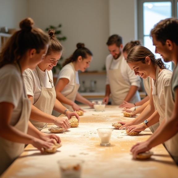 Grupo de personas sonriendo y participando activamente en una clase de repostería artesanal en Arrecife de Oro.
