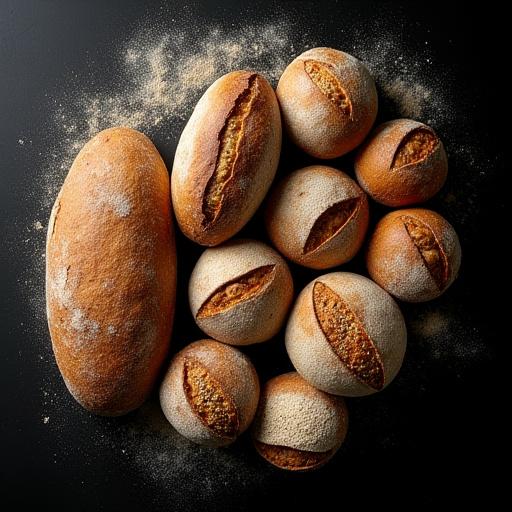 Panes de masa madre con diferentes semillas y harinas, mostrando el arte de la panadería artesanal.