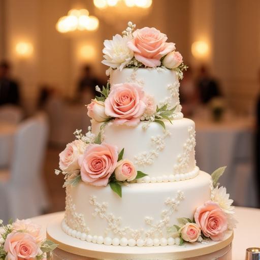 Elegante tarta de boda de varios pisos decorada con delicadas flores naturales y detalles finos.