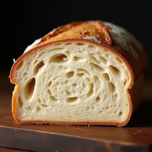 Rebanada de pan de masa madre con un interior perfectamente alveolado y una corteza rústica.