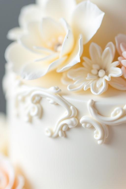 Detalle de una tarta de boda exquisitamente decorada con delicadas flores de azúcar y filigranas.