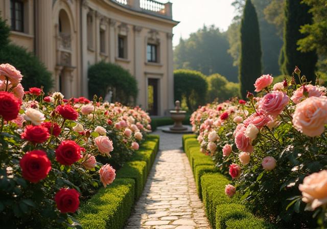 Dettaglio di un roseto profumato e ben curato in un giardino di una villa storica.